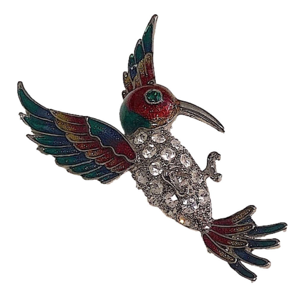 VTG Rhinestone Enamel Bright Bird Brooch 2.6”